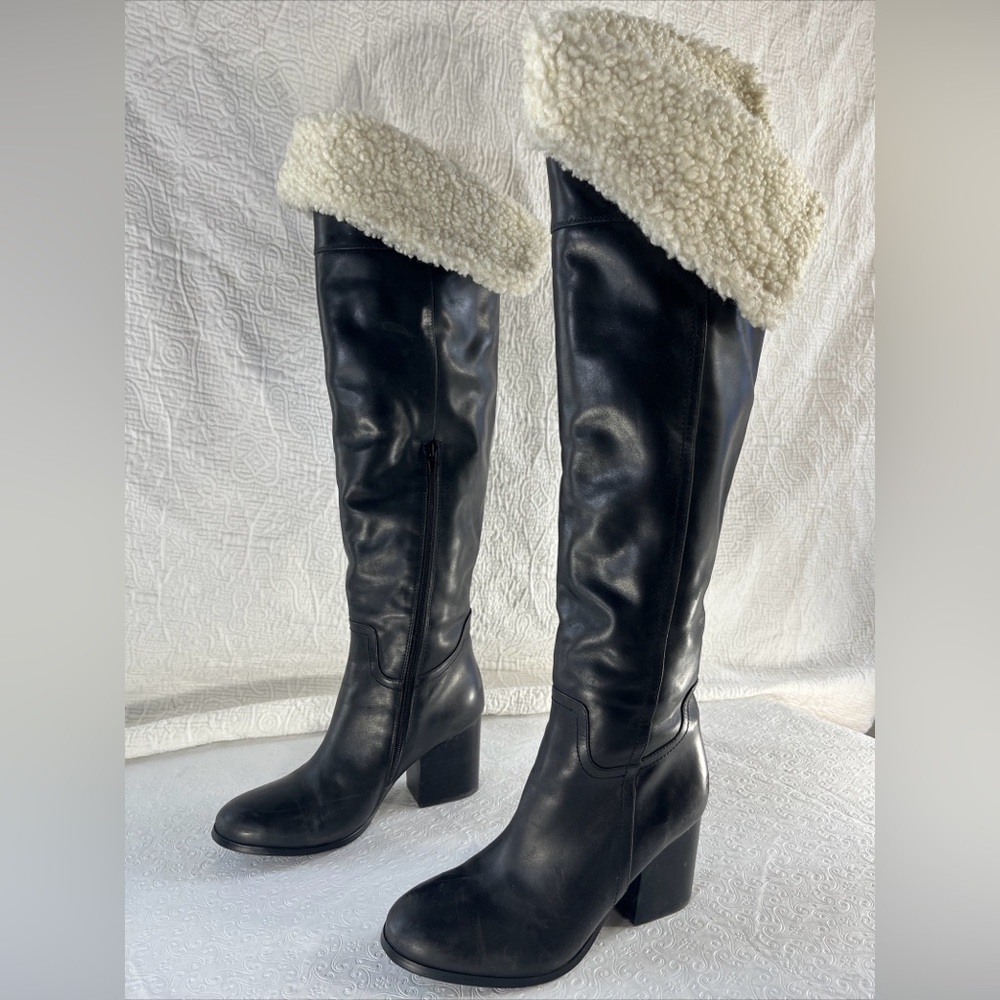 Jeffrey Campbell Woodvern Tall Boot Black Leather Sherpa Lined Over the Knee 7.5